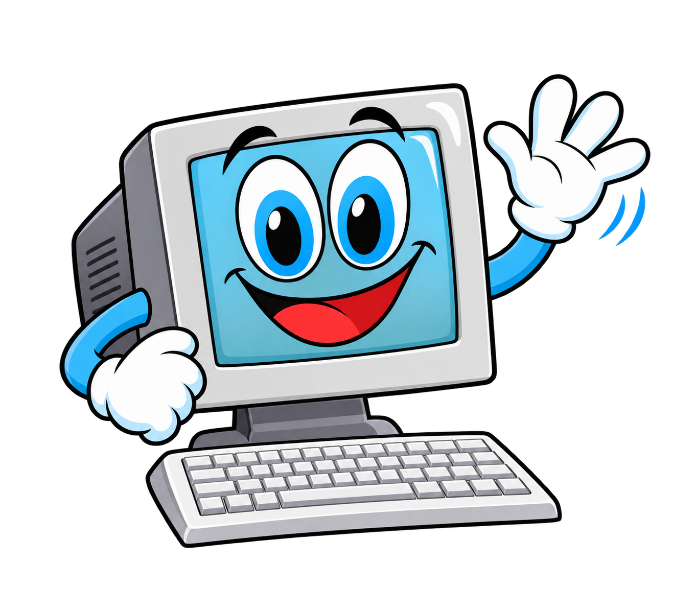 Smiling User Friendly computer mascot waving